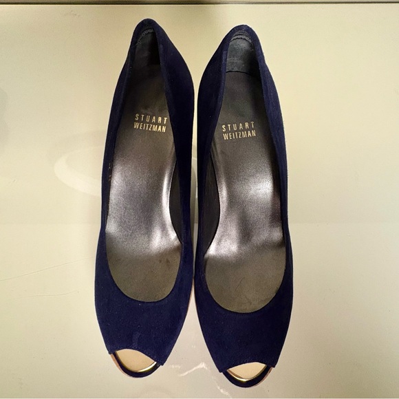 Stuart Weitzman Anna blue suede peep-toe platform cork wedge pumps Size 7.5 - Picture 8 of 9